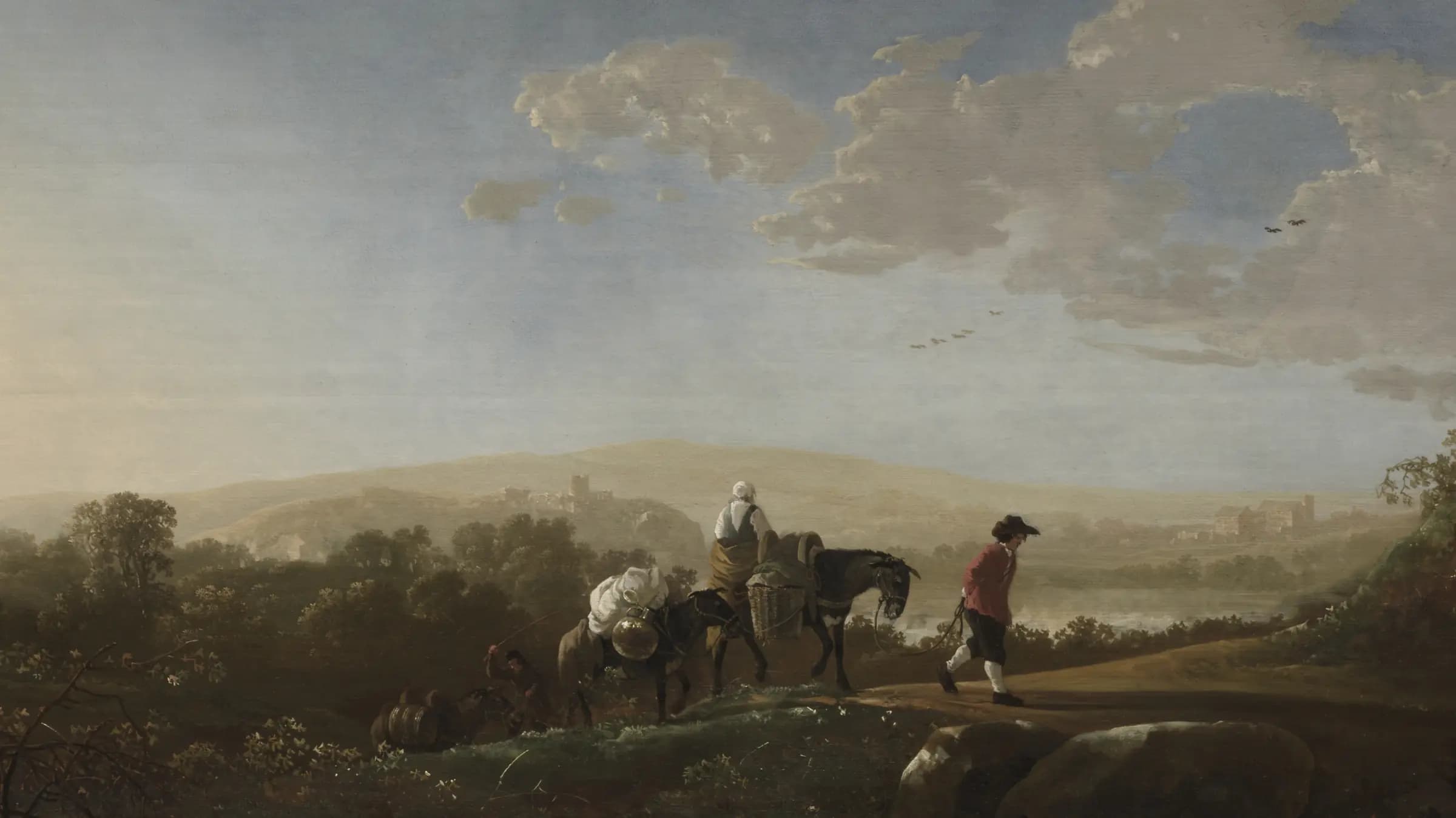 Travelers in Hilly Countryside, landscape painting by Aelbert Cuyp (1645).
