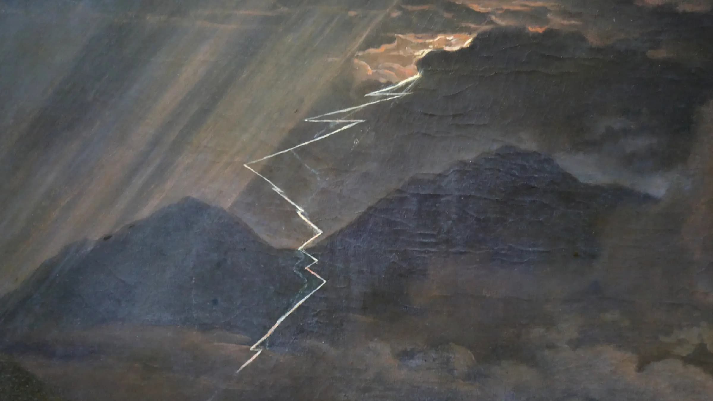 Ludwig richter, tempesta sul monte scalambra presso olevano nei monti sabini, 1830, 02 fulmine, landscape painting by Ludwig Richter (1830).