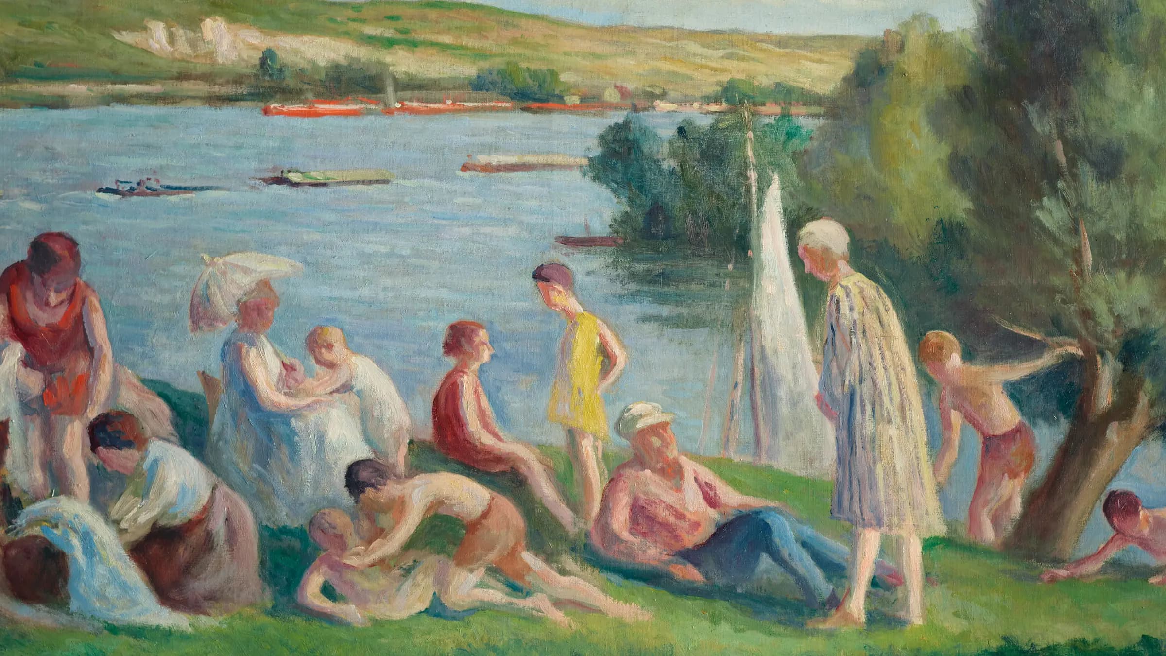 Méricourt, a Sunday by the Seine, landscape painting by Maximilien Luce (1929).