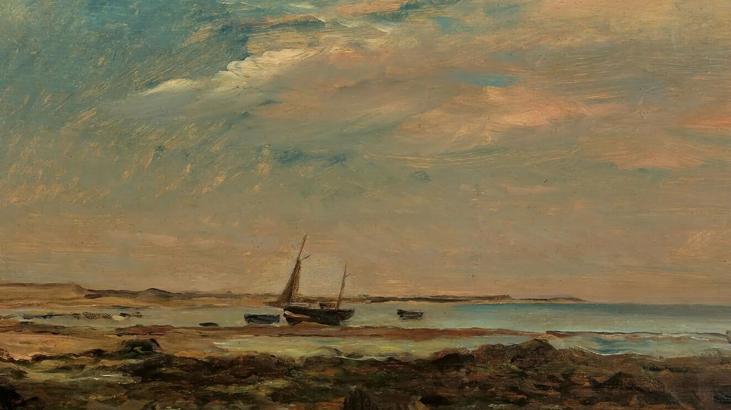 Een kusttafereel, Marée basse Coastal View, landscape painting by Charles-François Daubigny (1874).