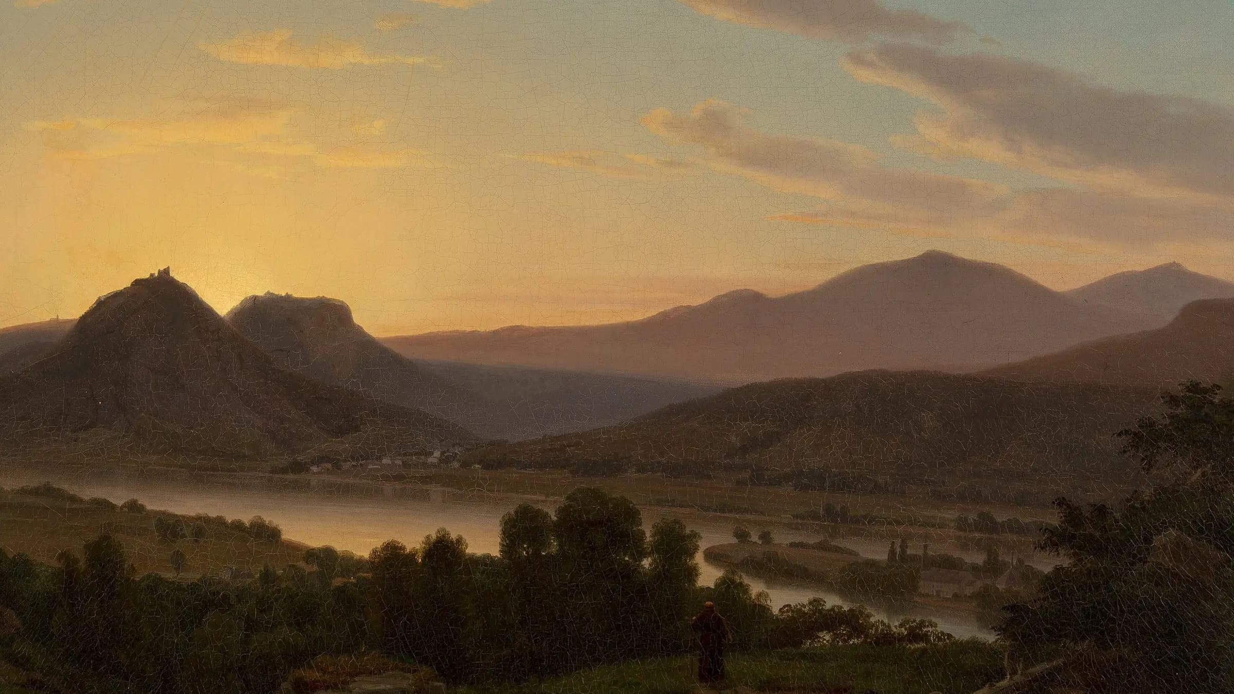 Sunrise, View of Drachenfels from Rolandseck, landscape painting by Worthington Whittredge (1850).
