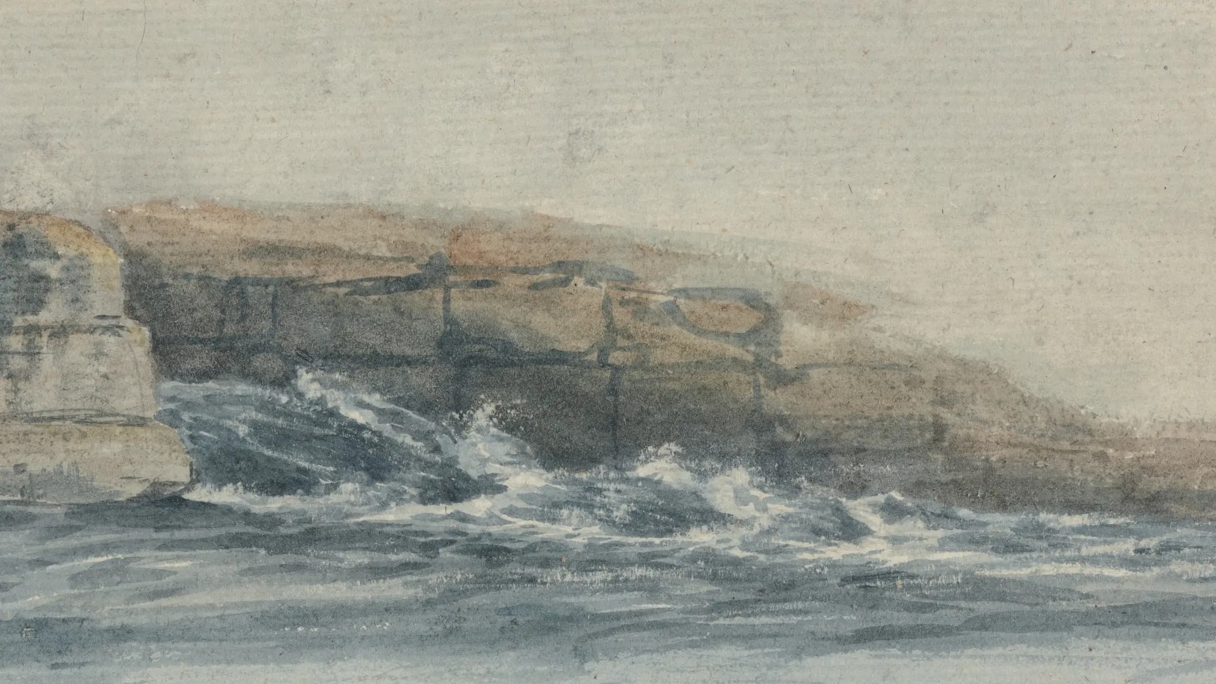 Sea Breaking on Stony Cliffs at Left, landscape painting by James Ward.