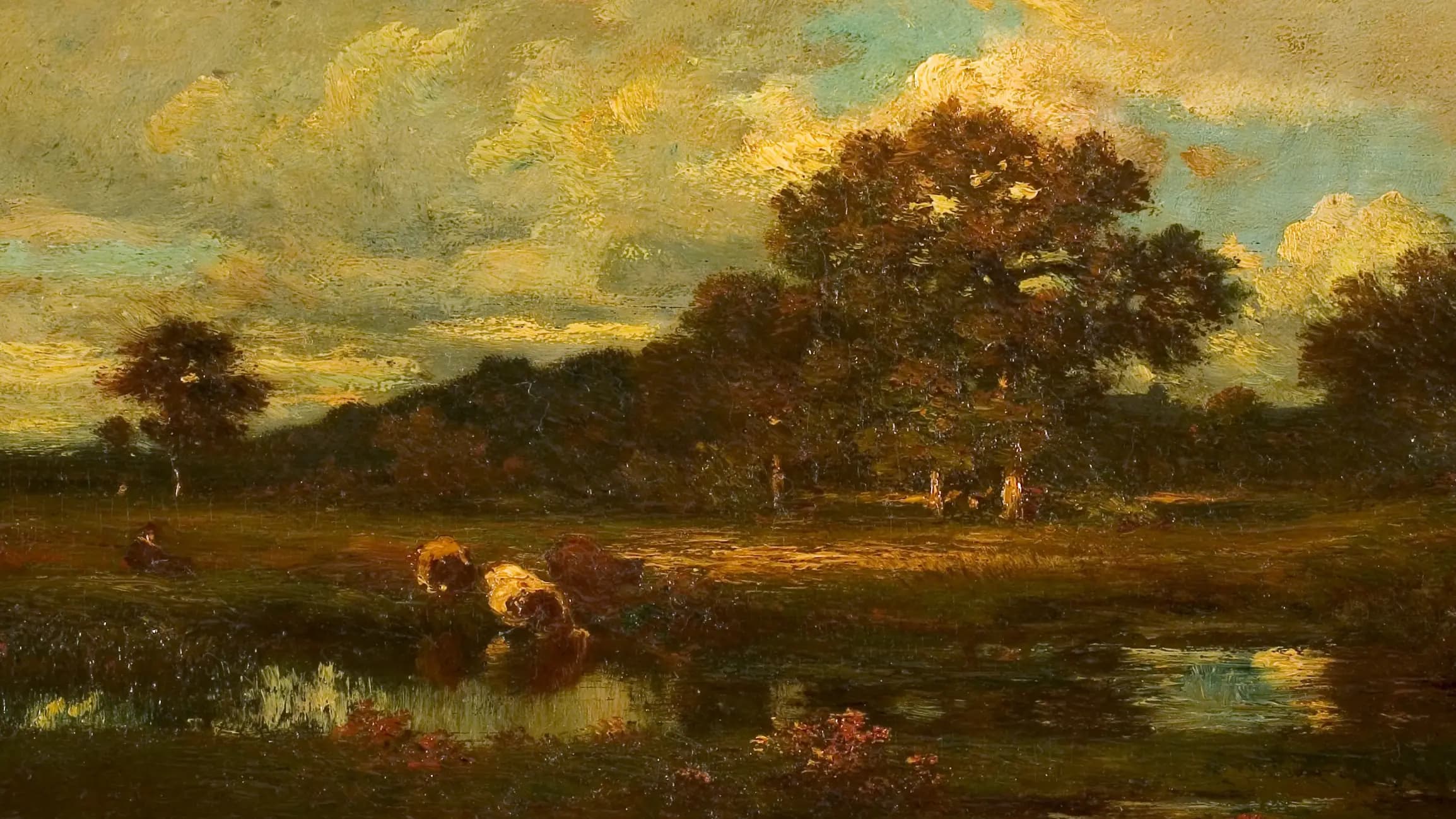 Landschap met koeien bij een waterplas (La mare), landscape painting by Jules Dupré (1826).