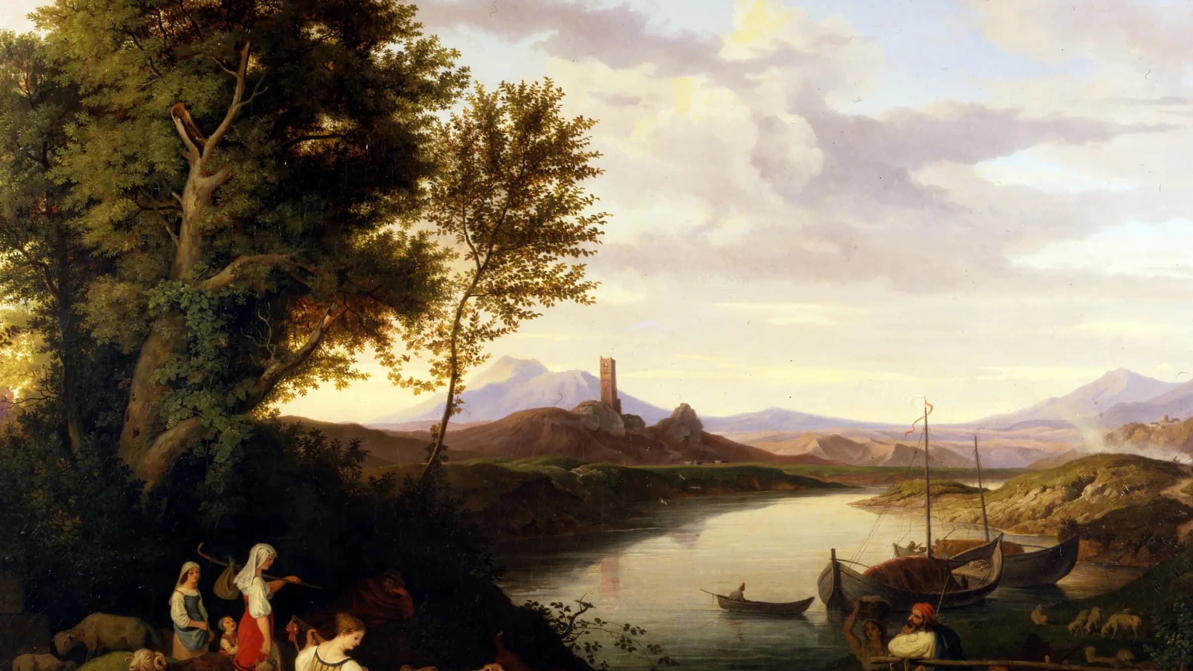 Ufer des Tiber bei Acqua Acetosa Banks of the Tiber near Acqua Acetosa, landscape painting by Ludwig Richter (1835).