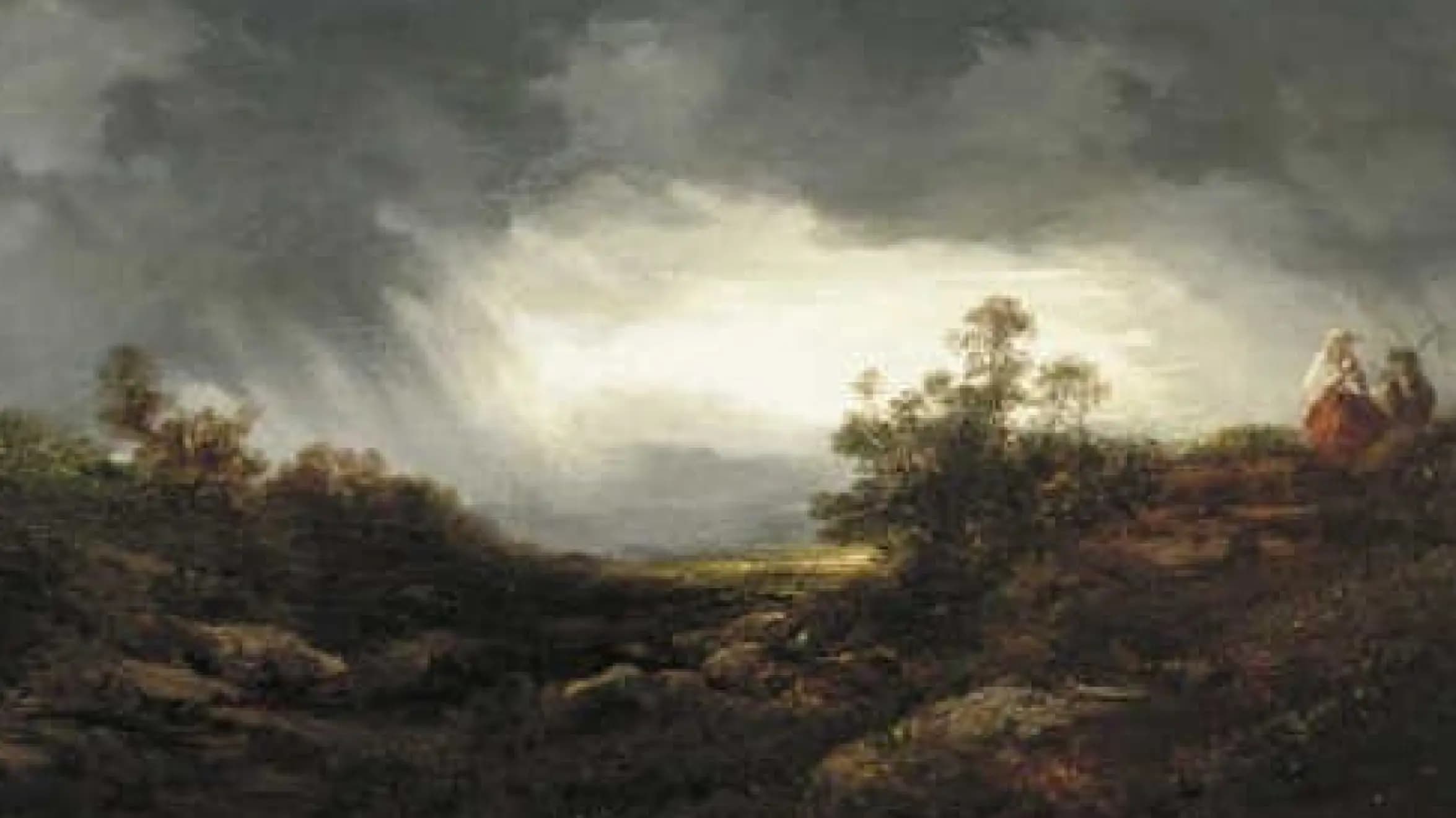 Opkomende bui boven een heuvelachtig en bebost landschap, landscape painting by Théodore Rousseau (1840).