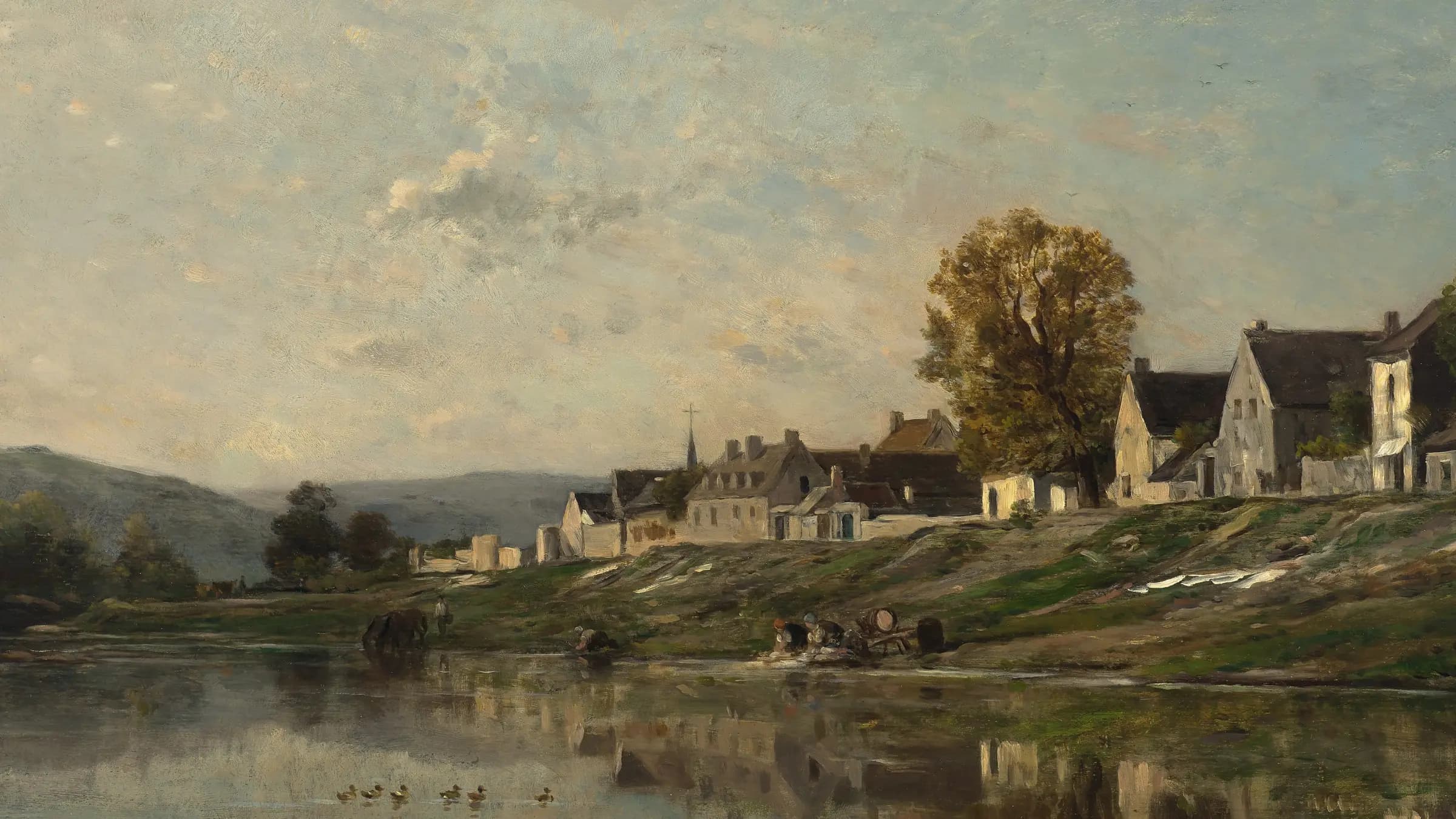 Les Laveuses au bord de la Seine à Bonnières, landscape painting by Charles-François Daubigny.