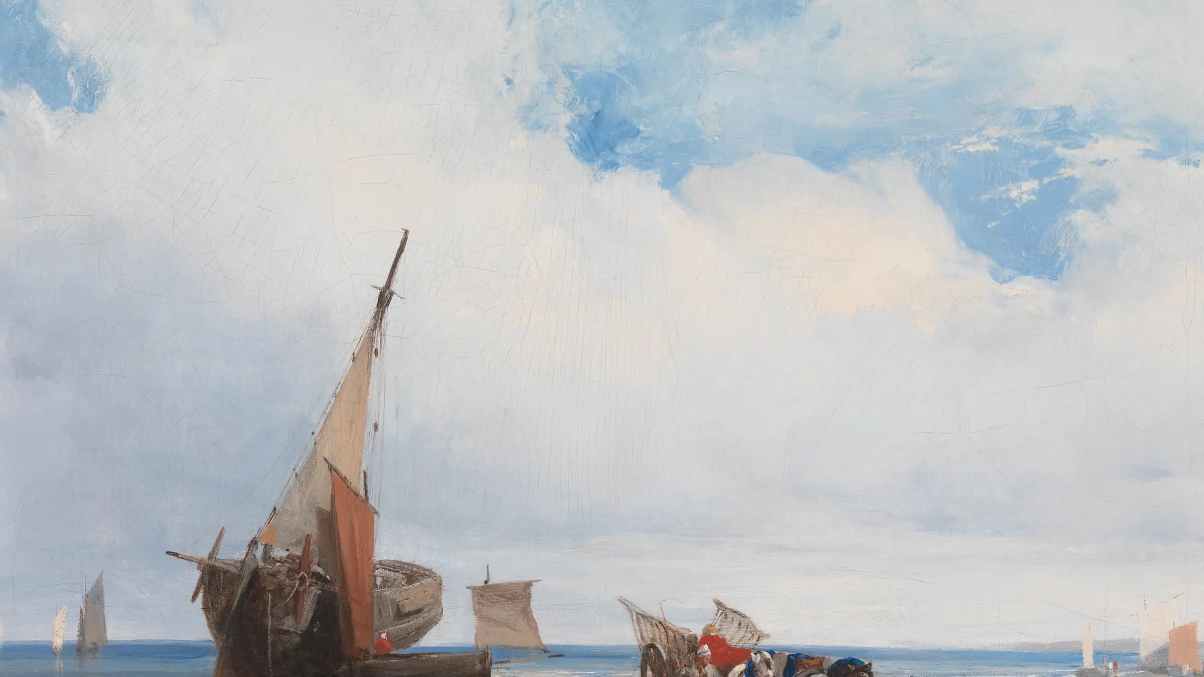Beached Vessels and a Wagon, near Trouville, France, landscape painting by Richard Parkes Bonington (1825).