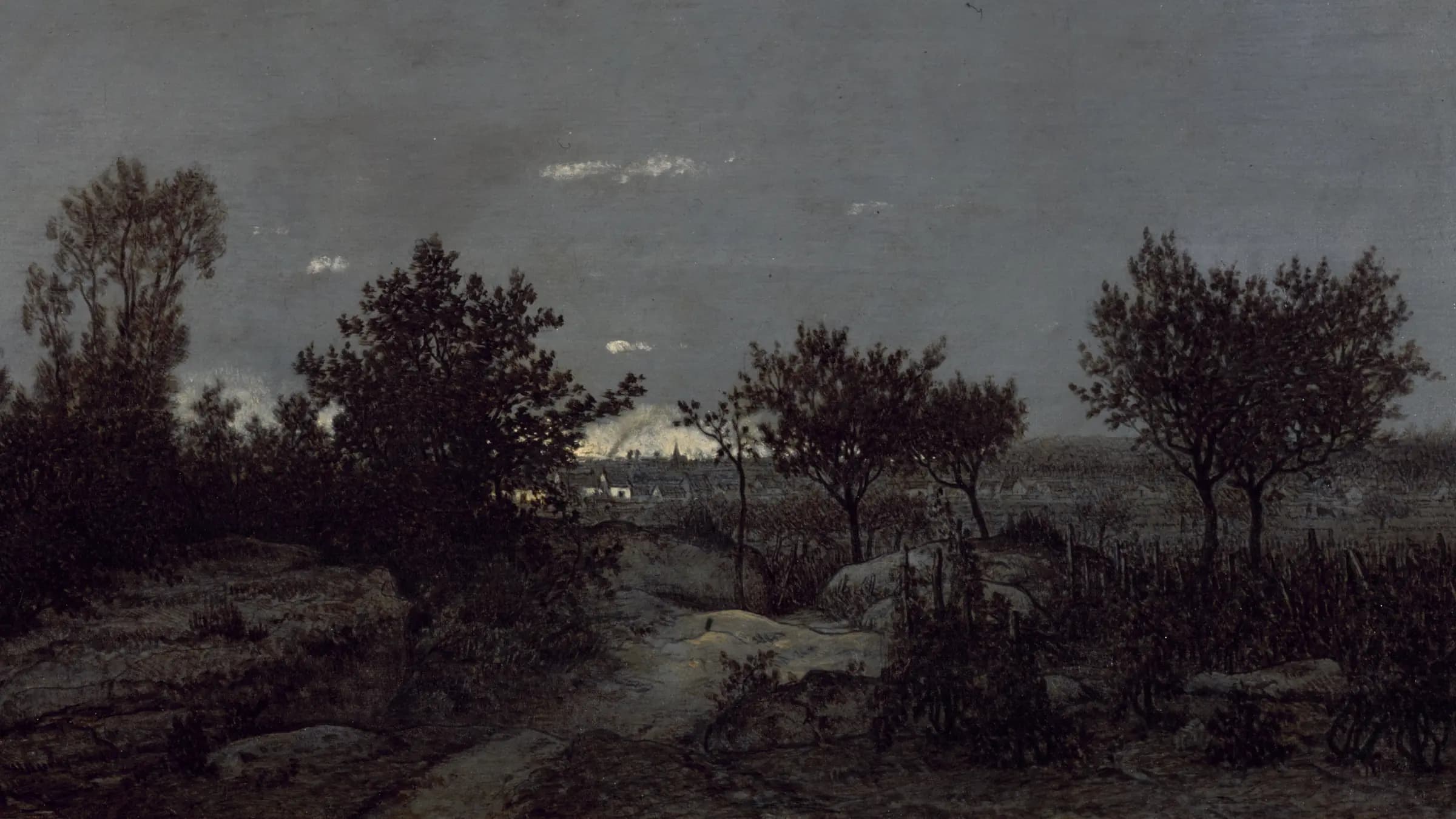 La campagne au lever du jour, landscape painting by Théodore Rousseau (1859).