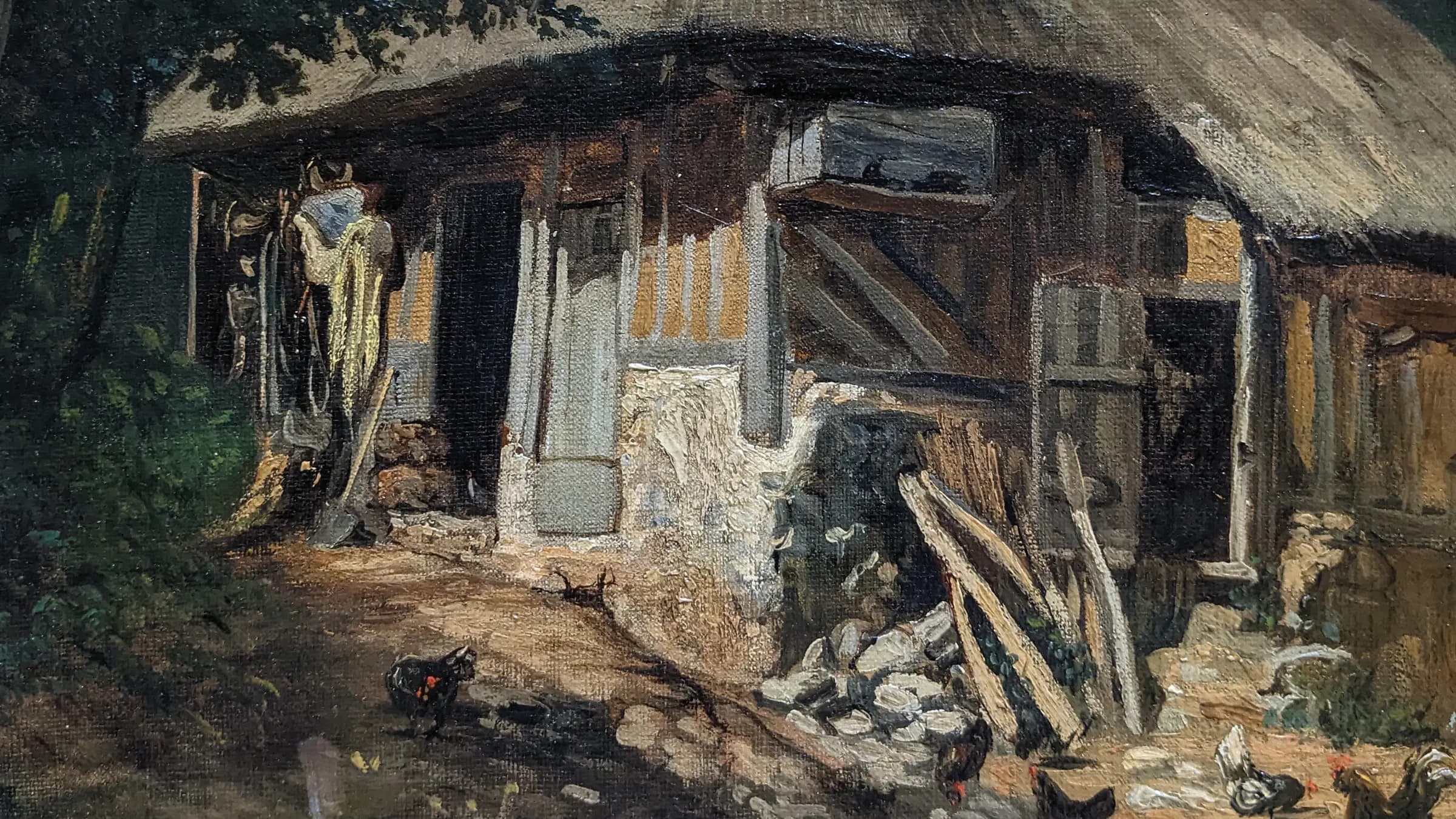 Chaumière normande, vieux Trouville Normandy thatched cottage, Old Trouville, landscape painting by Paul Huet (1861).