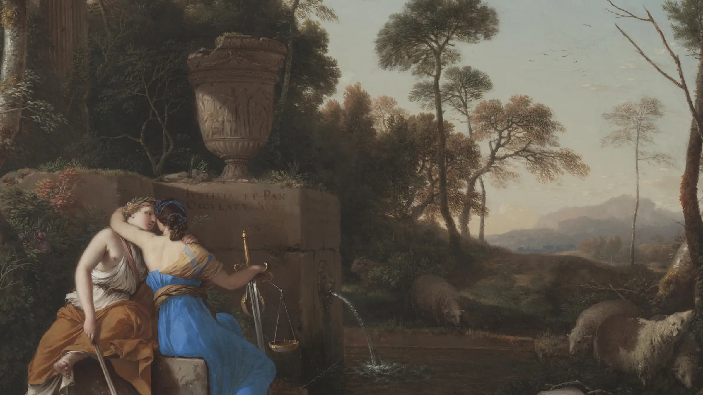 The Kiss of Peace and Justice, landscape painting by Laurent de La Hyre (1654).