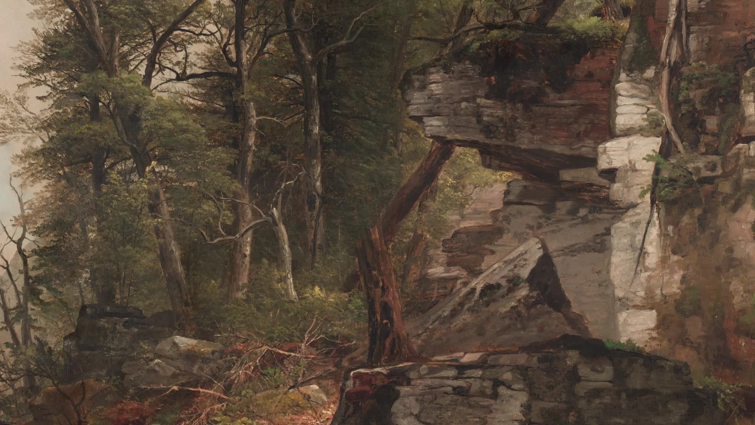 Trees on a Rocky Hillside, landscape painting by Asher B. Durand (1844).