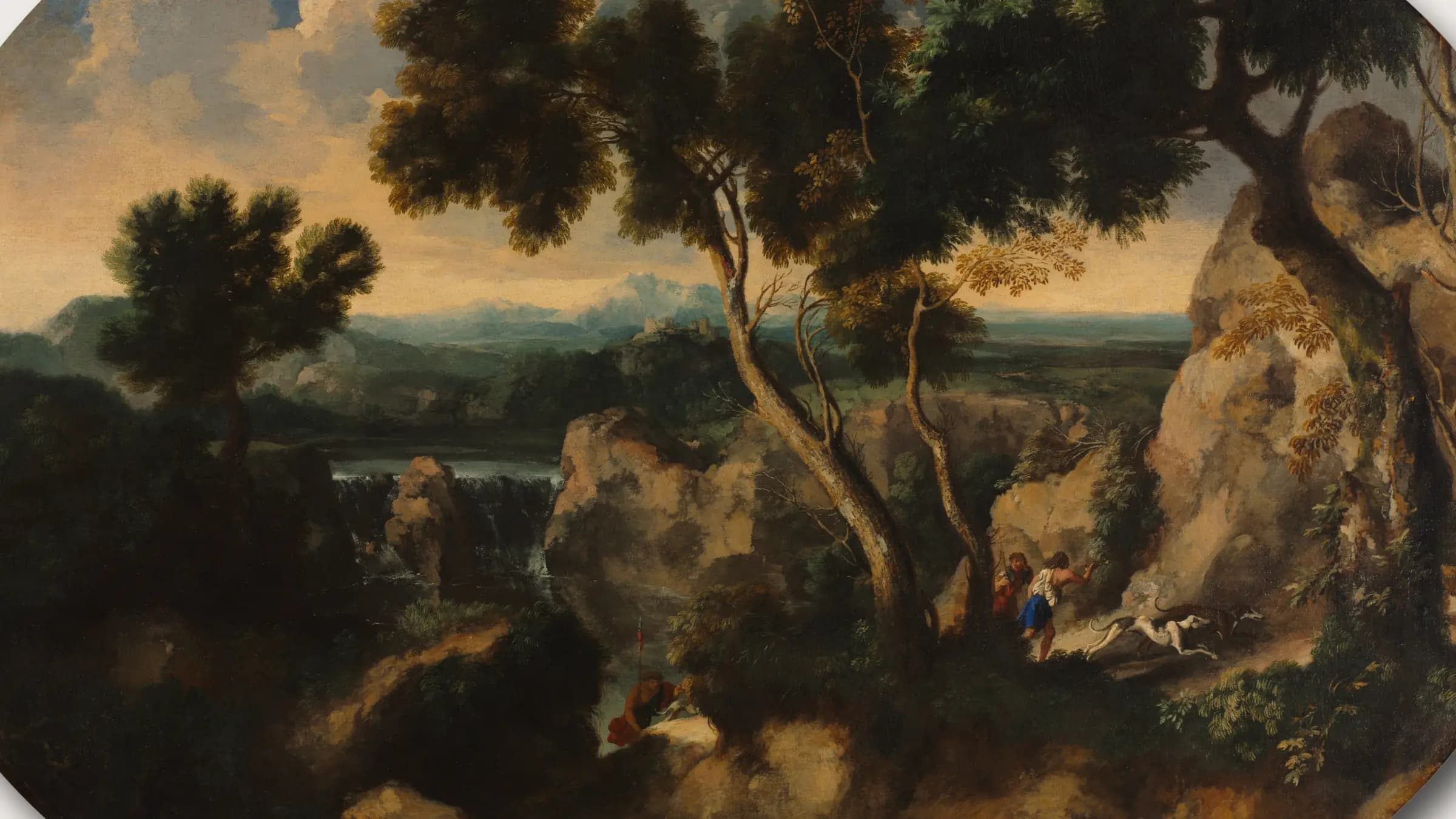 Rocky Landscape with Hunters, landscape painting by Gaspard Dughet (1630).