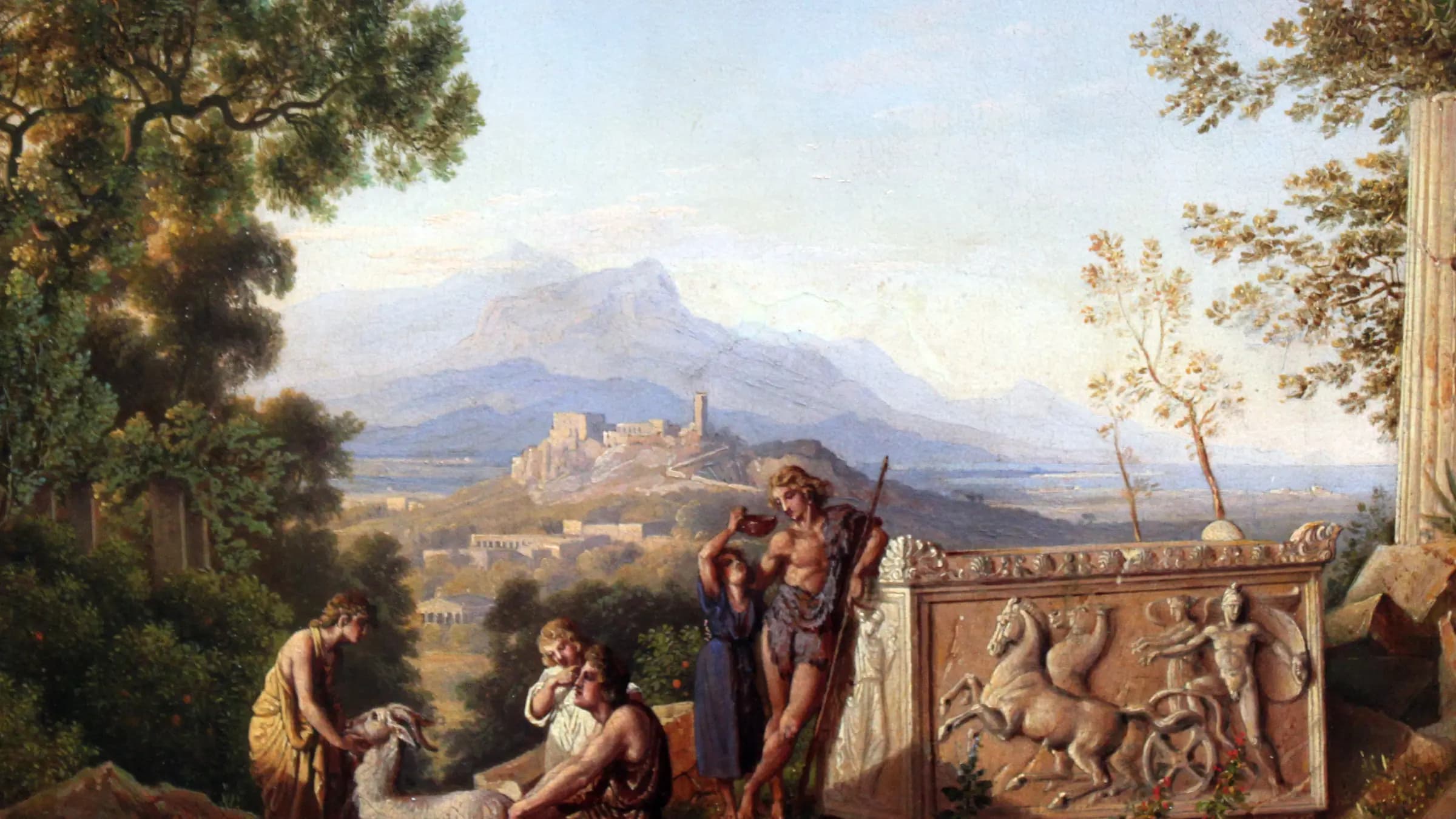Griechische Ideallandschaft mit rastenden Hirten Greek Fantasy Landscape with Resting Shepherd, landscape painting by Karl Friedrich Schinkel (1823).