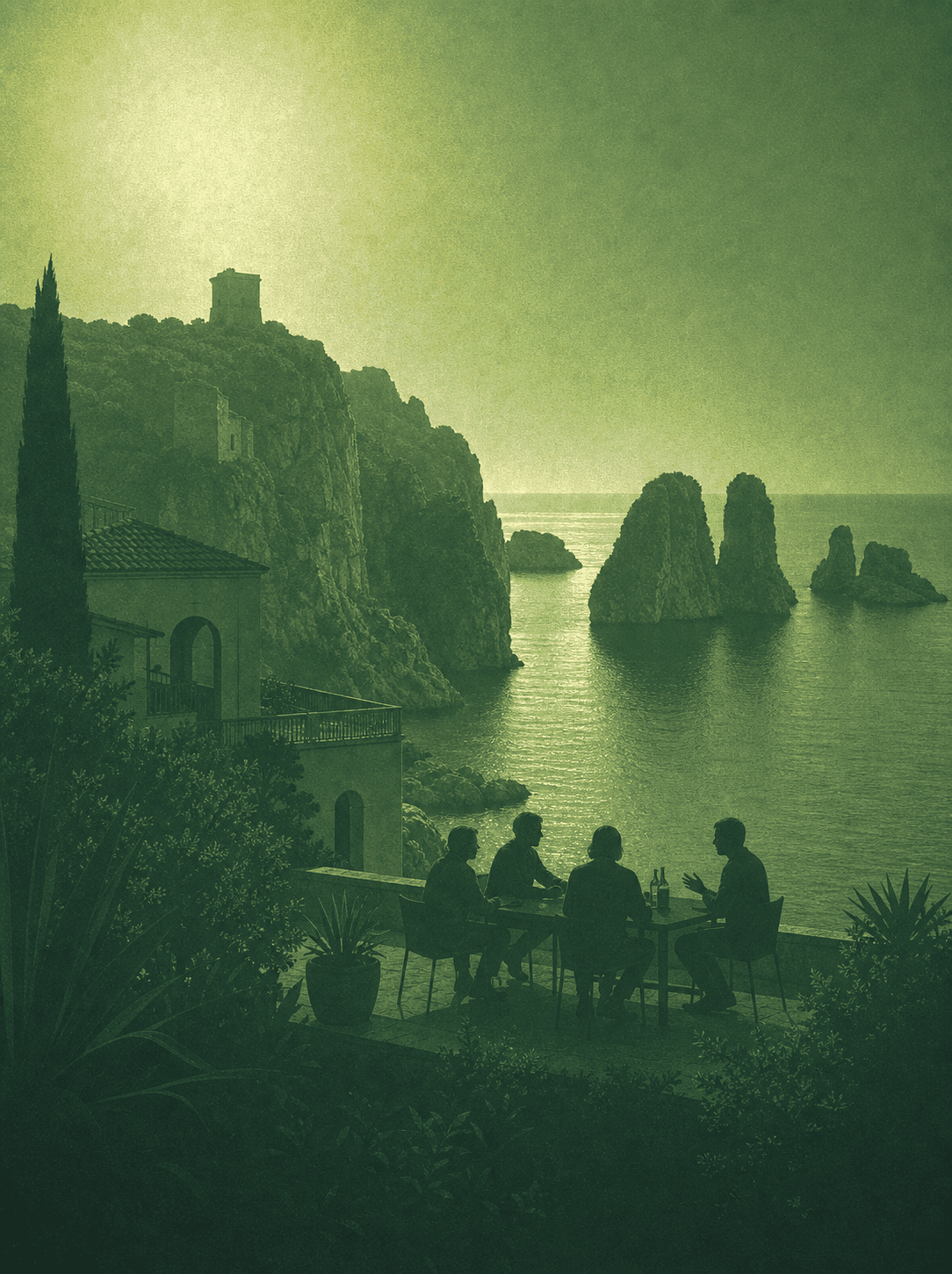 Silhouette of an offsite workshop on a Mediterranean coastal terrace