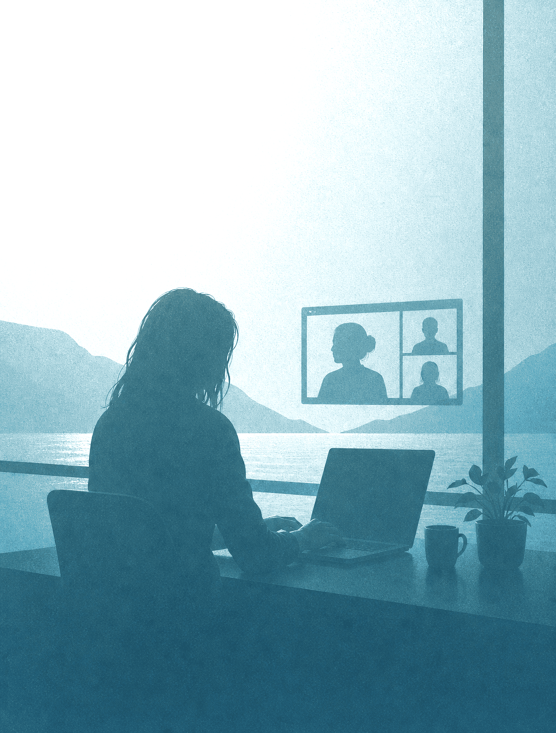Silhouette of a virtual workshop setup with a laptop by a waterfront window